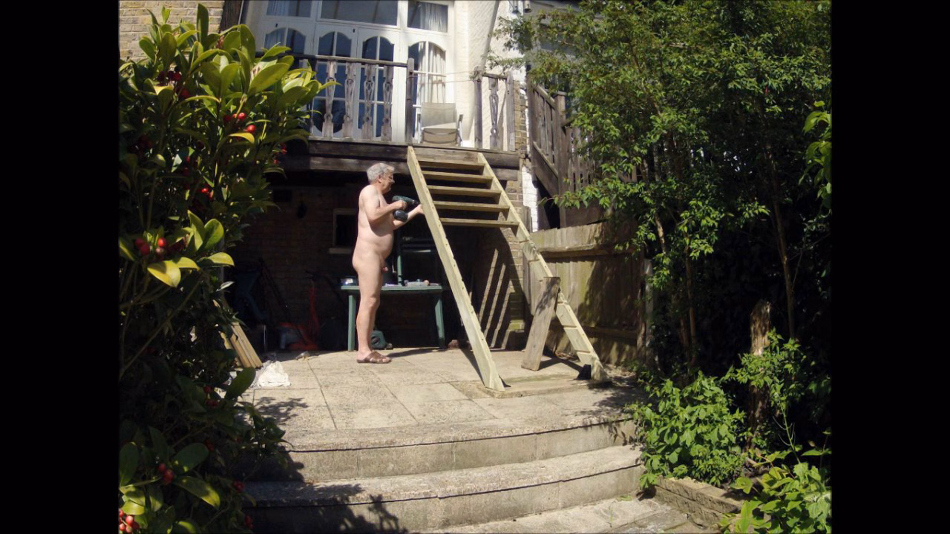 Time lapse of naturist assembling outdoor stairs
